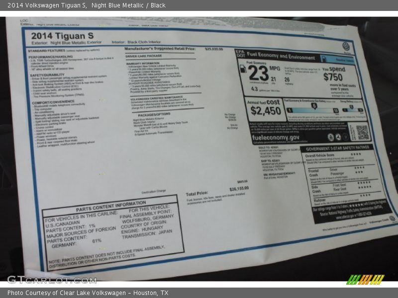 Night Blue Metallic / Black 2014 Volkswagen Tiguan S