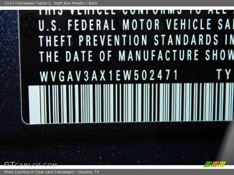 Night Blue Metallic / Black 2014 Volkswagen Tiguan S