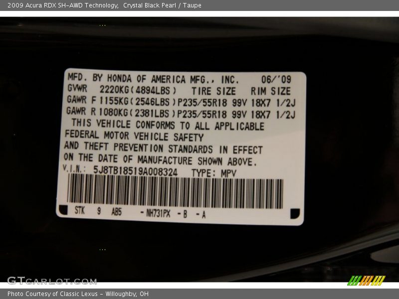 Crystal Black Pearl / Taupe 2009 Acura RDX SH-AWD Technology