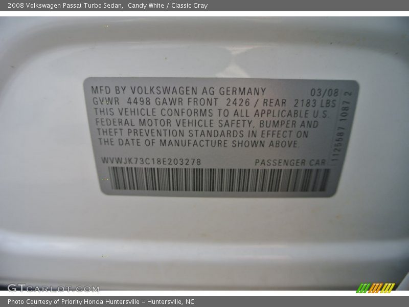 Candy White / Classic Gray 2008 Volkswagen Passat Turbo Sedan