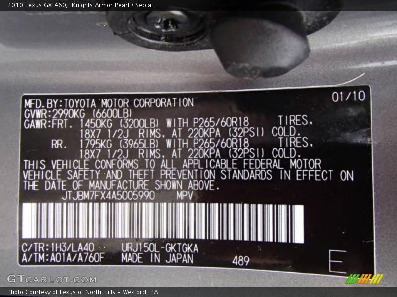 Knights Armor Pearl / Sepia 2010 Lexus GX 460