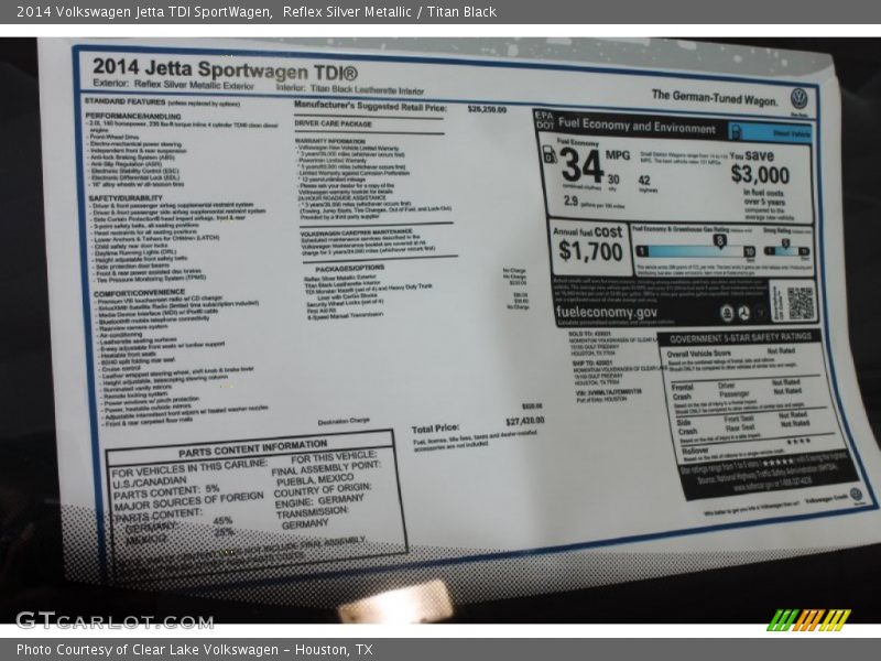 2014 Jetta TDI SportWagen Window Sticker