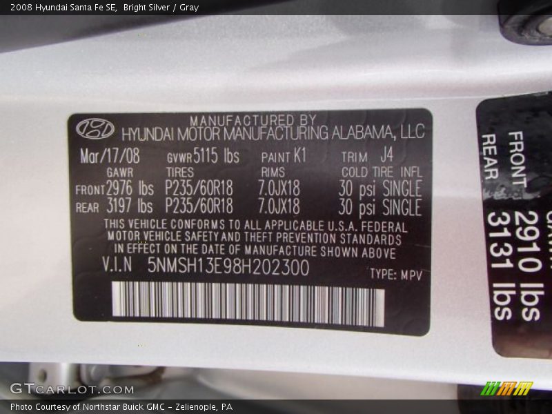 Bright Silver / Gray 2008 Hyundai Santa Fe SE