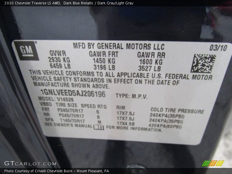 Dark Blue Metallic / Dark Gray/Light Gray 2010 Chevrolet Traverse LS AWD