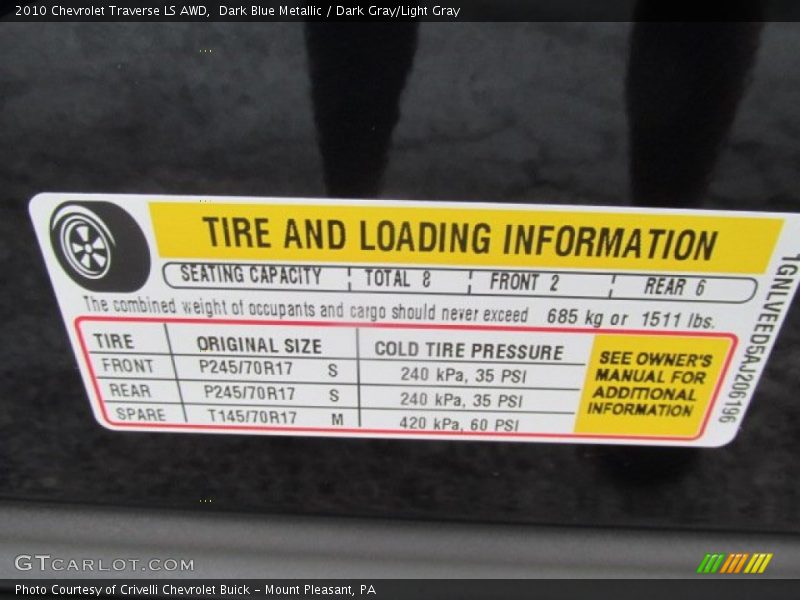 Dark Blue Metallic / Dark Gray/Light Gray 2010 Chevrolet Traverse LS AWD