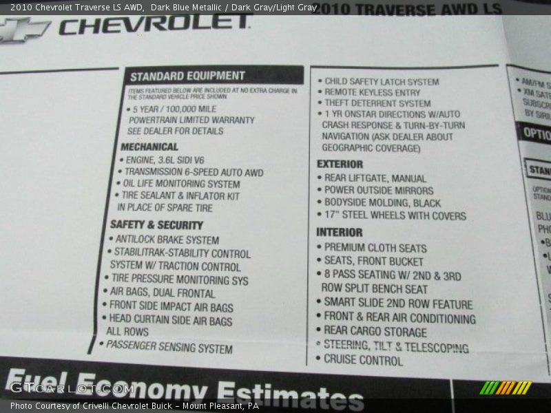 Dark Blue Metallic / Dark Gray/Light Gray 2010 Chevrolet Traverse LS AWD