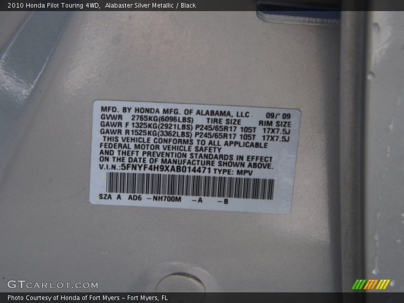 Alabaster Silver Metallic / Black 2010 Honda Pilot Touring 4WD