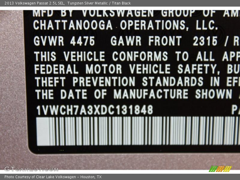 Tungsten Silver Metallic / Titan Black 2013 Volkswagen Passat 2.5L SEL