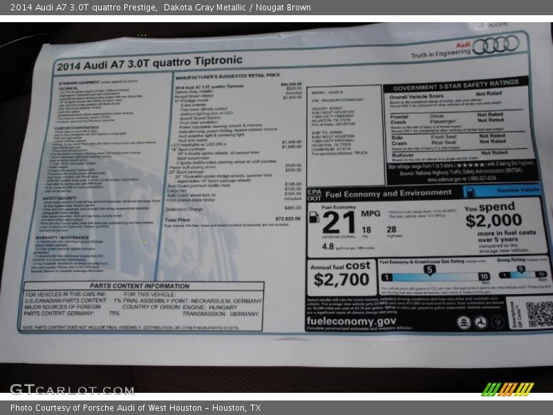  2014 A7 3.0T quattro Prestige Window Sticker