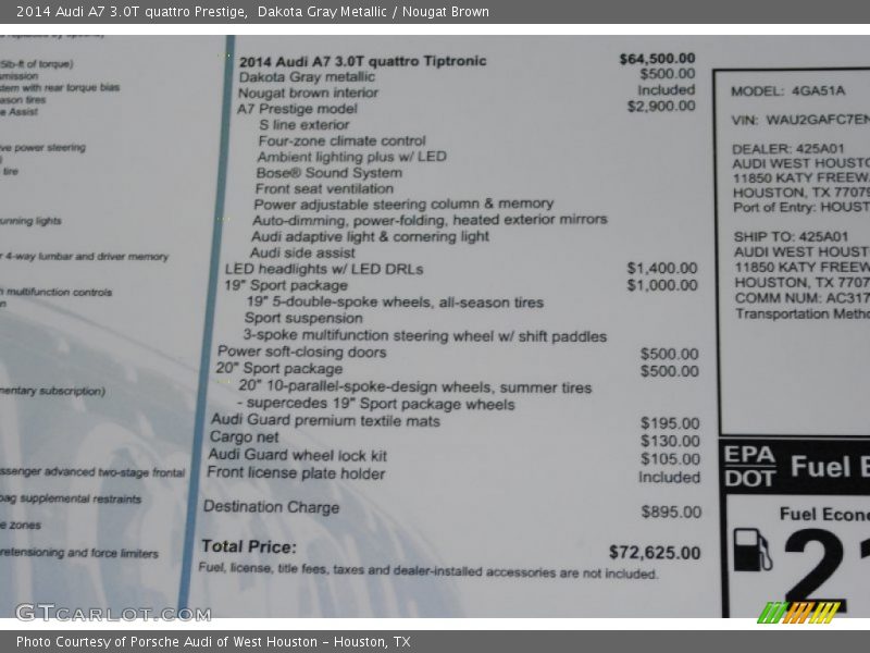  2014 A7 3.0T quattro Prestige Window Sticker