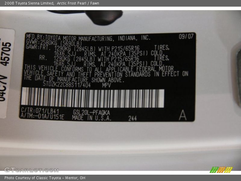 Arctic Frost Pearl / Fawn 2008 Toyota Sienna Limited