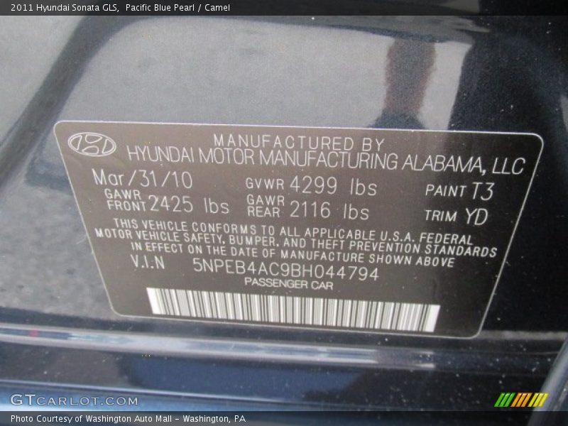 Pacific Blue Pearl / Camel 2011 Hyundai Sonata GLS