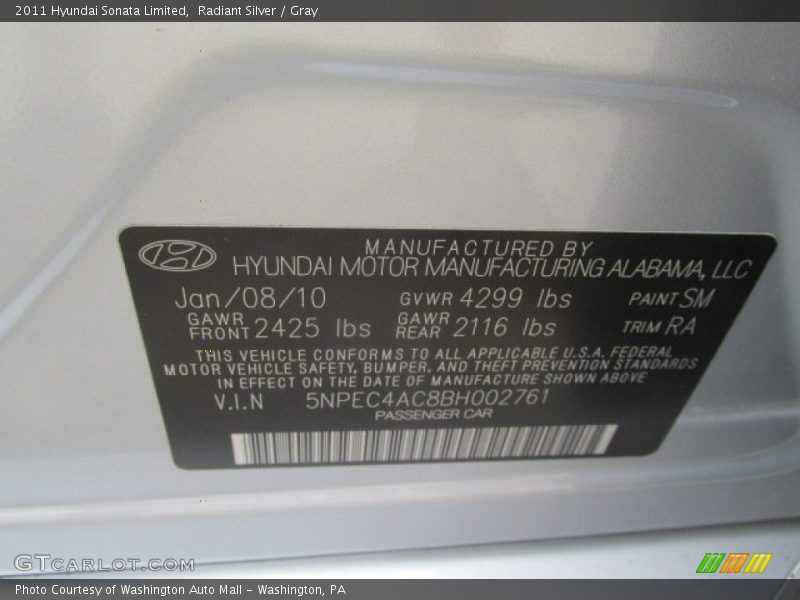 Radiant Silver / Gray 2011 Hyundai Sonata Limited