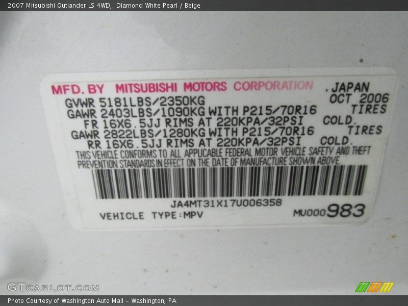 Diamond White Pearl / Beige 2007 Mitsubishi Outlander LS 4WD