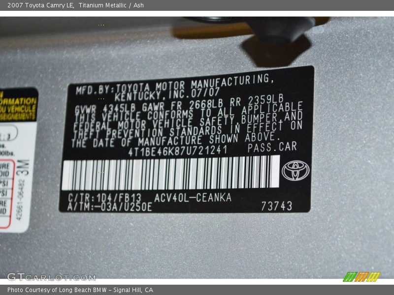 2007 Camry LE Titanium Metallic Color Code 1D4