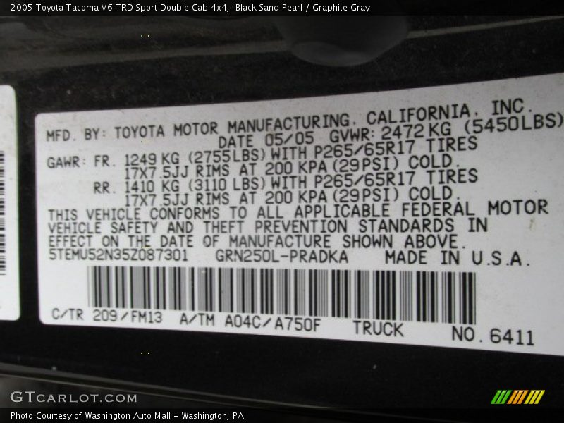 2005 Tacoma V6 TRD Sport Double Cab 4x4 Black Sand Pearl Color Code 209