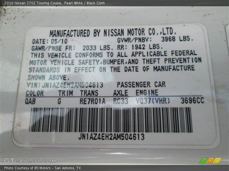 2010 370Z Touring Coupe Pearl White Color Code QAB