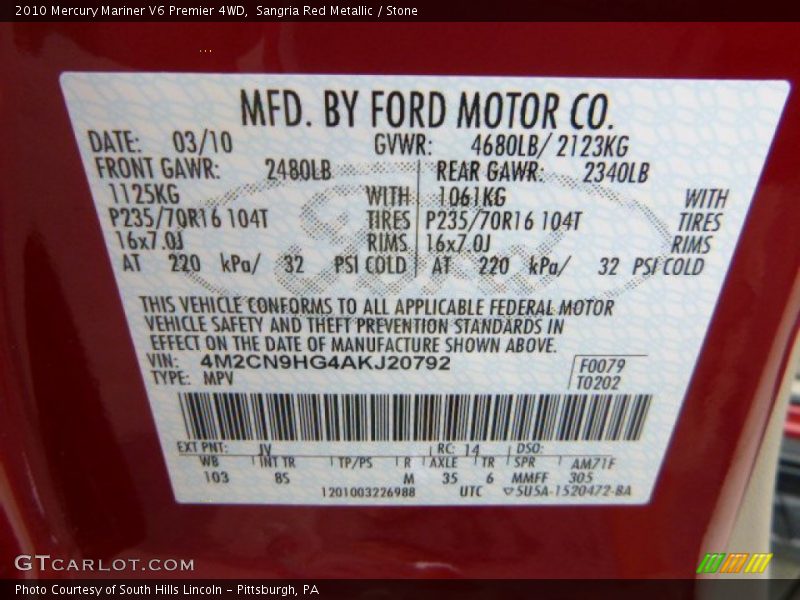 2010 Mariner V6 Premier 4WD Sangria Red Metallic Color Code JV