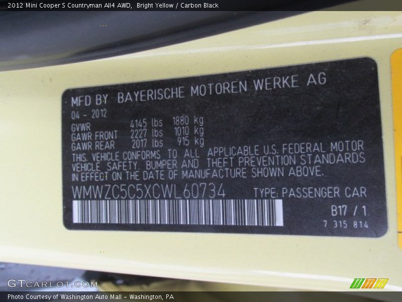 2012 Cooper S Countryman All4 AWD Bright Yellow Color Code B17
