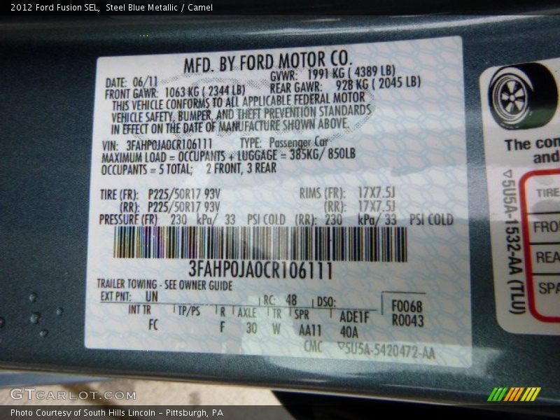 Steel Blue Metallic / Camel 2012 Ford Fusion SEL