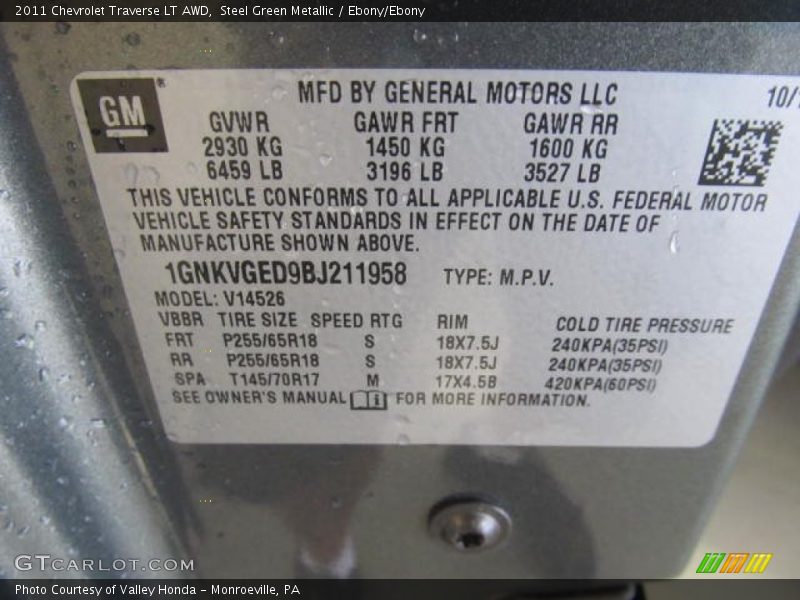 Steel Green Metallic / Ebony/Ebony 2011 Chevrolet Traverse LT AWD