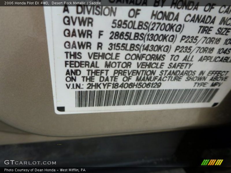 Desert Rock Metallic / Saddle 2006 Honda Pilot EX 4WD