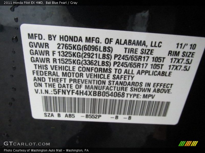 Bali Blue Pearl / Gray 2011 Honda Pilot EX 4WD