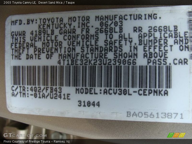 Desert Sand Mica / Taupe 2003 Toyota Camry LE