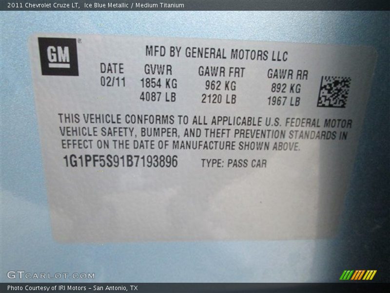 Ice Blue Metallic / Medium Titanium 2011 Chevrolet Cruze LT
