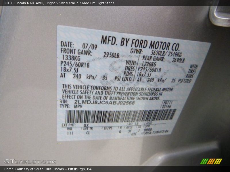 Ingot Silver Metallic / Medium Light Stone 2010 Lincoln MKX AWD