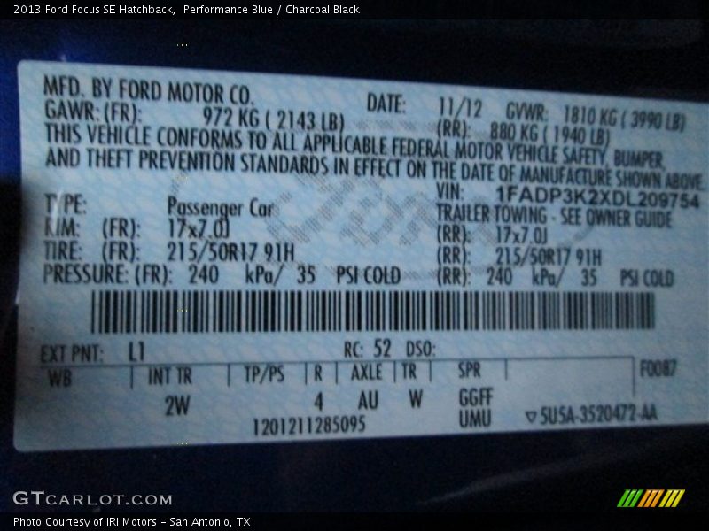 2013 Focus SE Hatchback Performance Blue Color Code L1