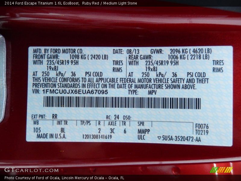 2014 Escape Titanium 1.6L EcoBoost Ruby Red Color Code RR