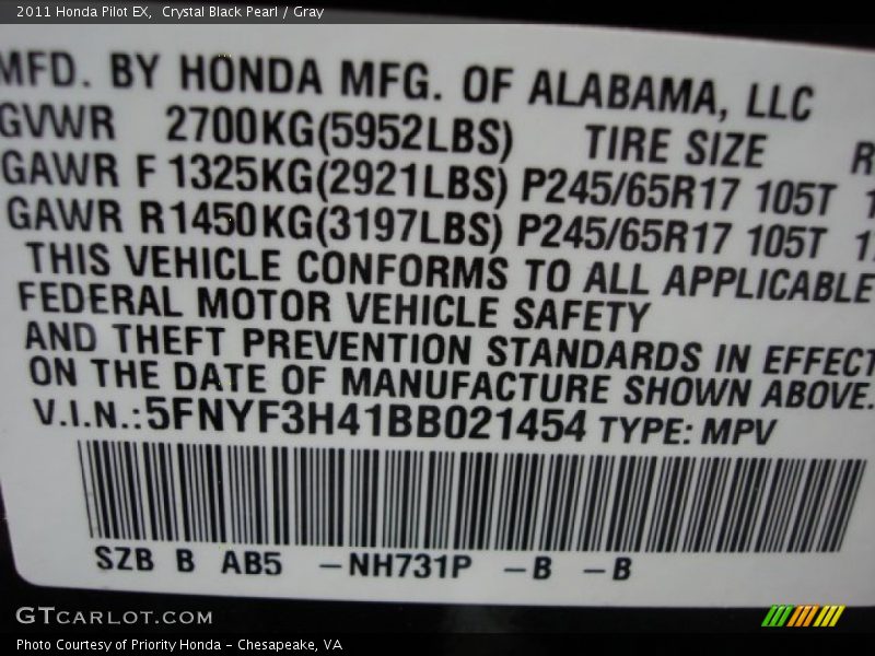 Crystal Black Pearl / Gray 2011 Honda Pilot EX