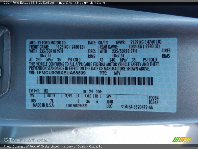 2014 Escape SE 2.0L EcoBoost Ingot Silver Color Code UX