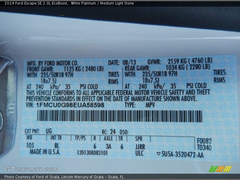 2014 Escape SE 2.0L EcoBoost White Platinum Color Code UG