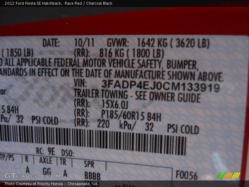 Race Red / Charcoal Black 2012 Ford Fiesta SE Hatchback