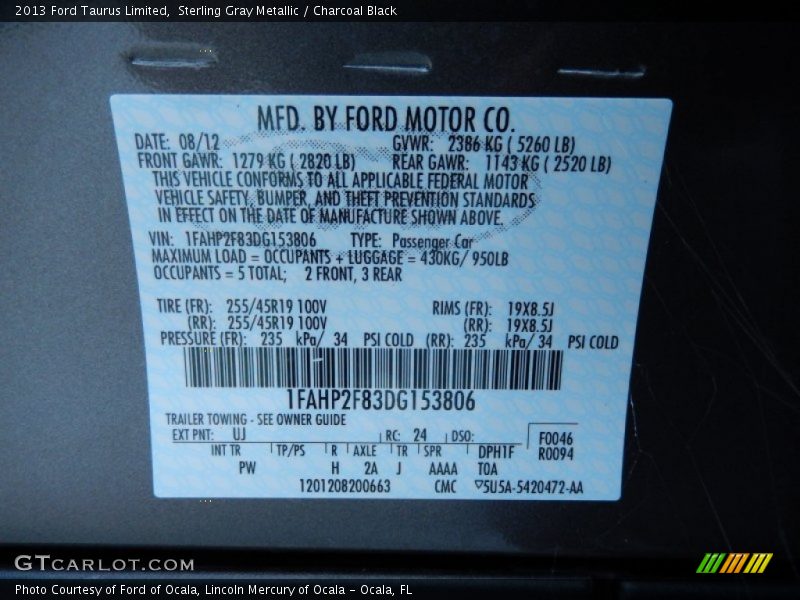 Sterling Gray Metallic / Charcoal Black 2013 Ford Taurus Limited