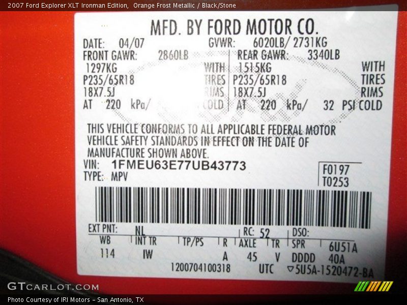 2007 Explorer XLT Ironman Edition Orange Frost Metallic Color Code NL