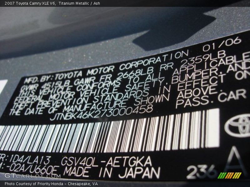 Titanium Metallic / Ash 2007 Toyota Camry XLE V6