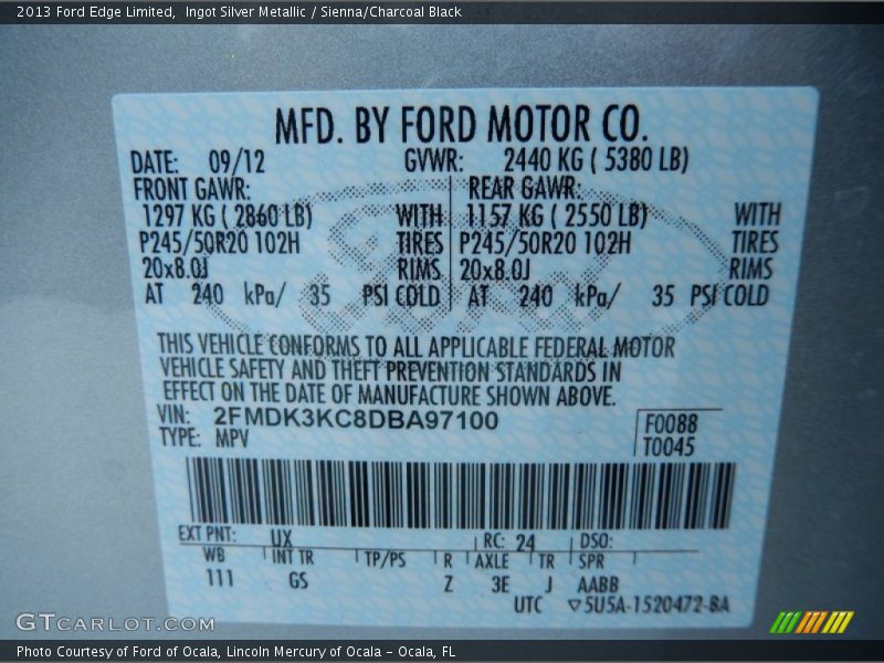 Ingot Silver Metallic / Sienna/Charcoal Black 2013 Ford Edge Limited