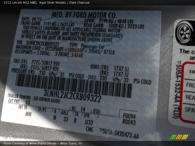 Ingot Silver Metallic / Dark Charcoal 2012 Lincoln MKZ AWD