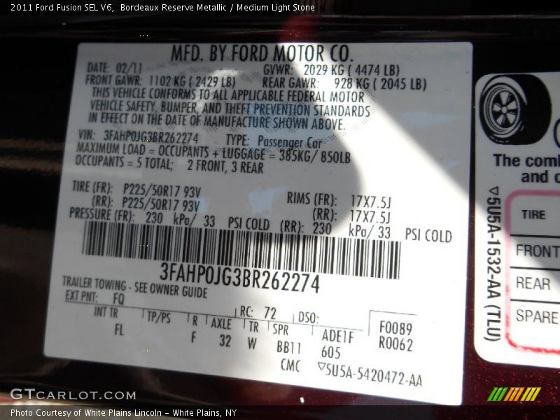 2011 Fusion SEL V6 Bordeaux Reserve Metallic Color Code FQ