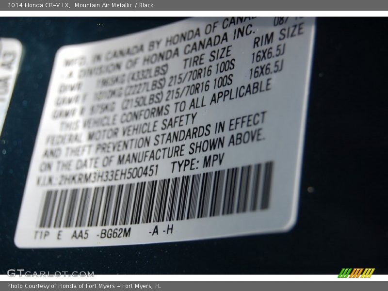 2014 CR-V LX Mountain Air Metallic Color Code BG62M