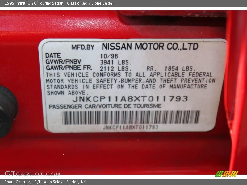 Info Tag of 1999 G 20 Touring Sedan