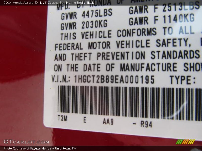 2014 Accord EX-L V6 Coupe San Marino Red Color Code R94