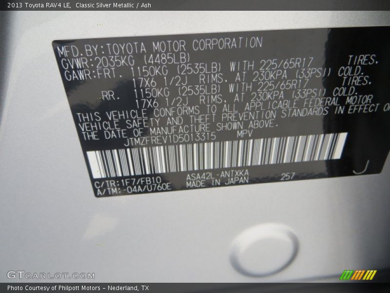 Classic Silver Metallic / Ash 2013 Toyota RAV4 LE