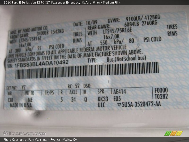 Oxford White / Medium Flint 2010 Ford E Series Van E350 XLT Passenger Extended