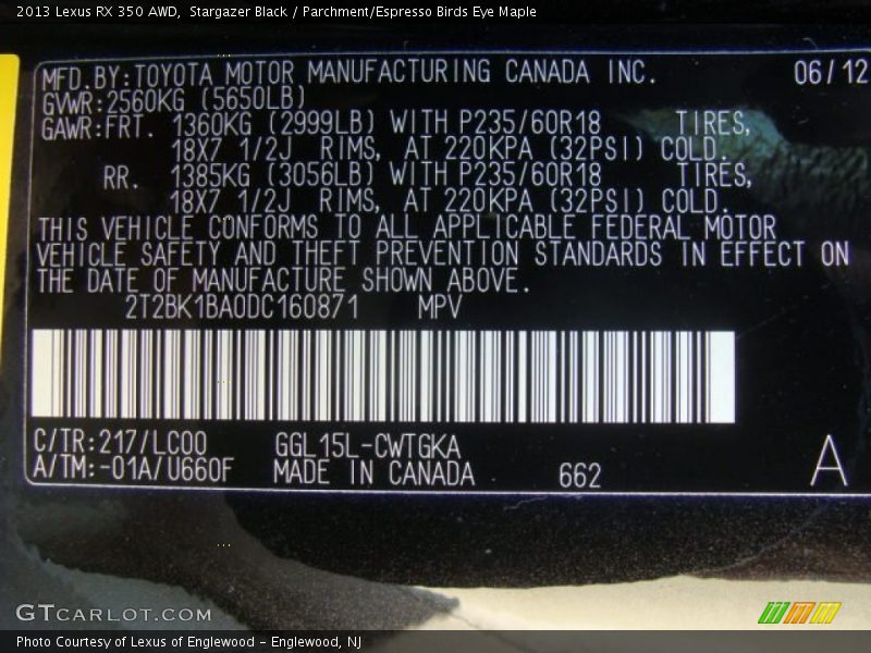 Stargazer Black / Parchment/Espresso Birds Eye Maple 2013 Lexus RX 350 AWD