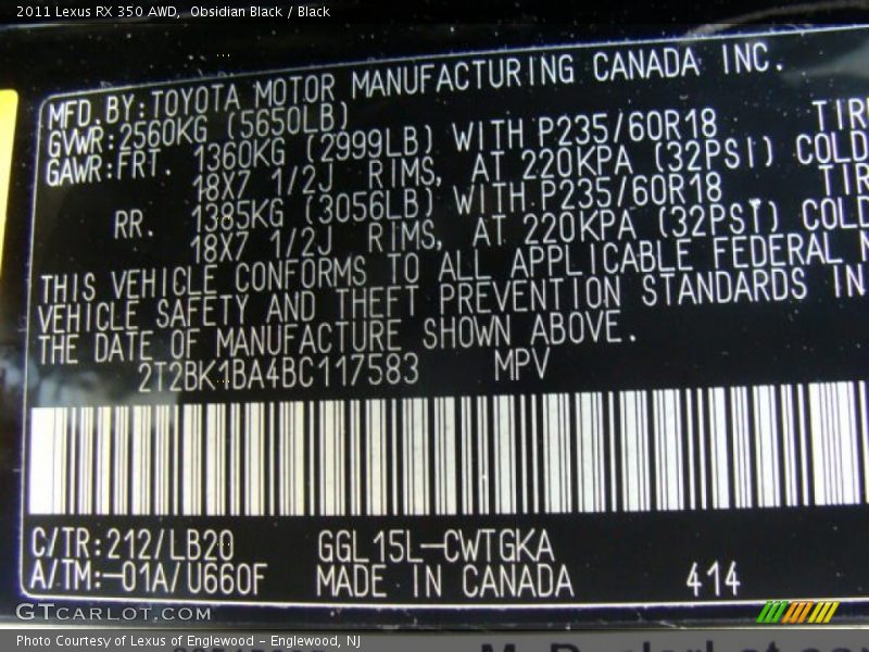 Obsidian Black / Black 2011 Lexus RX 350 AWD