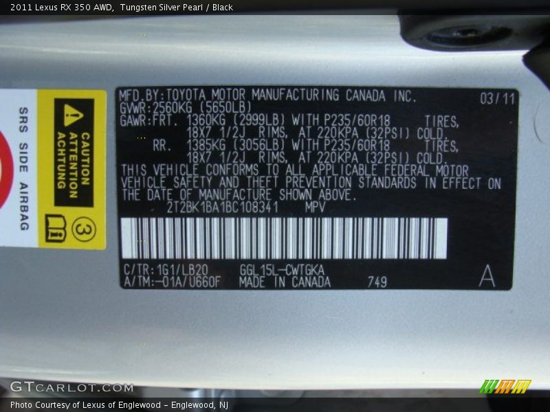 Tungsten Silver Pearl / Black 2011 Lexus RX 350 AWD
